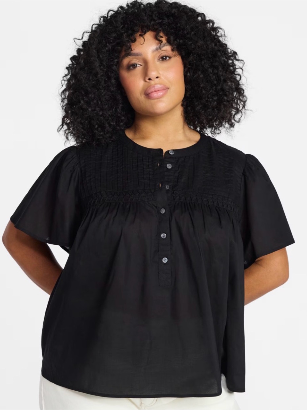NWT Terra & Sky Black Yoke Top 100% Cotton Flutter Short Sleeve Round Neck 2X